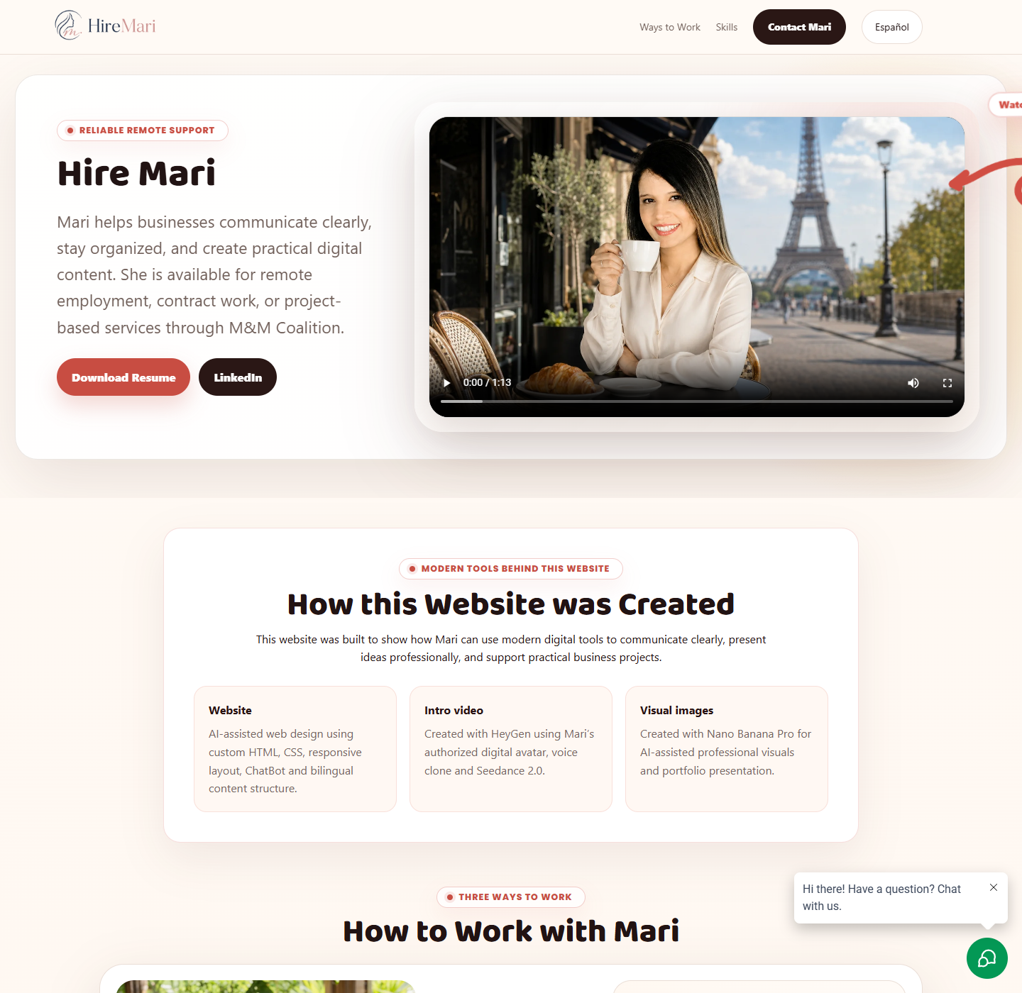 Screenshot of the HireMari.com example page