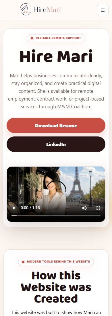 Mobile screenshot of HireMari.com showing the profile introduction, resume button, LinkedIn button, and video